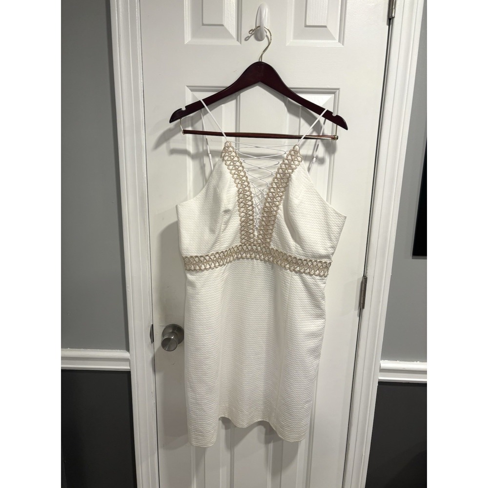 NWT Lilly Pulitzer Trista White with Gold Trim Shift Dress Sz 4 Retail $198